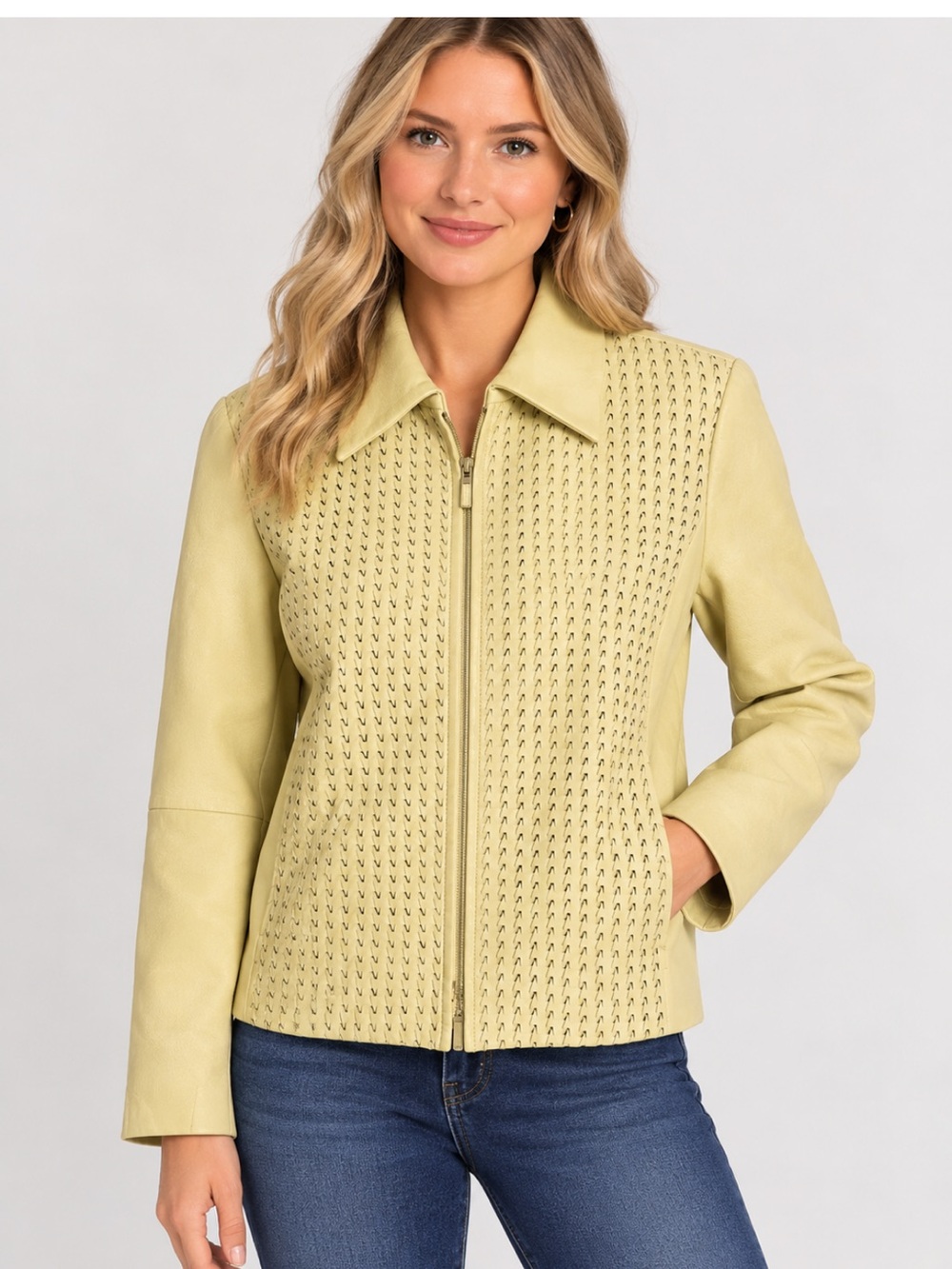 Vintage Worth Perforated Pale Yellow Leather Zip Jacket